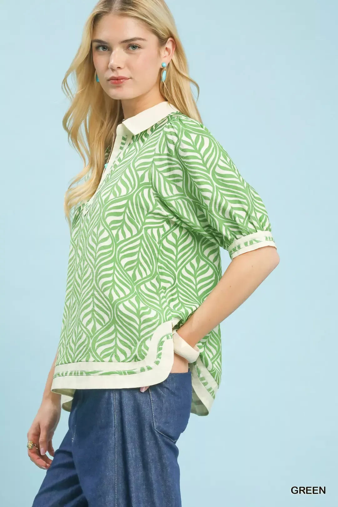 Umgee Geometric Leaf Print Popover Top - cas7m