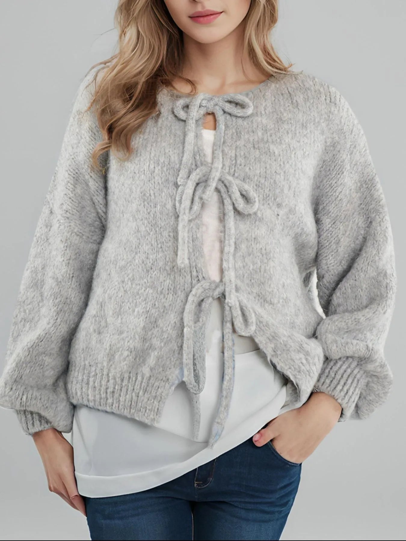 Cozy Bow-Tie Front Knit Cardigan - cas7m
