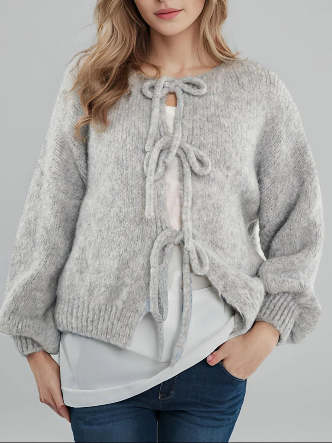 Cozy Bow-Tie Front Knit Cardigan - cas7m