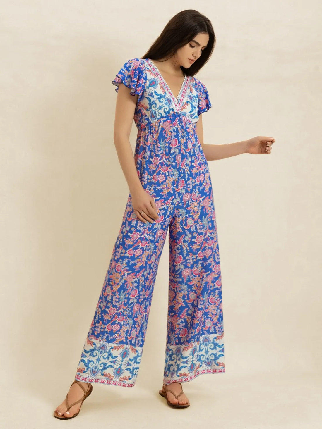 Printed V-Neck Wide Leg Jumpsuit - cas7m