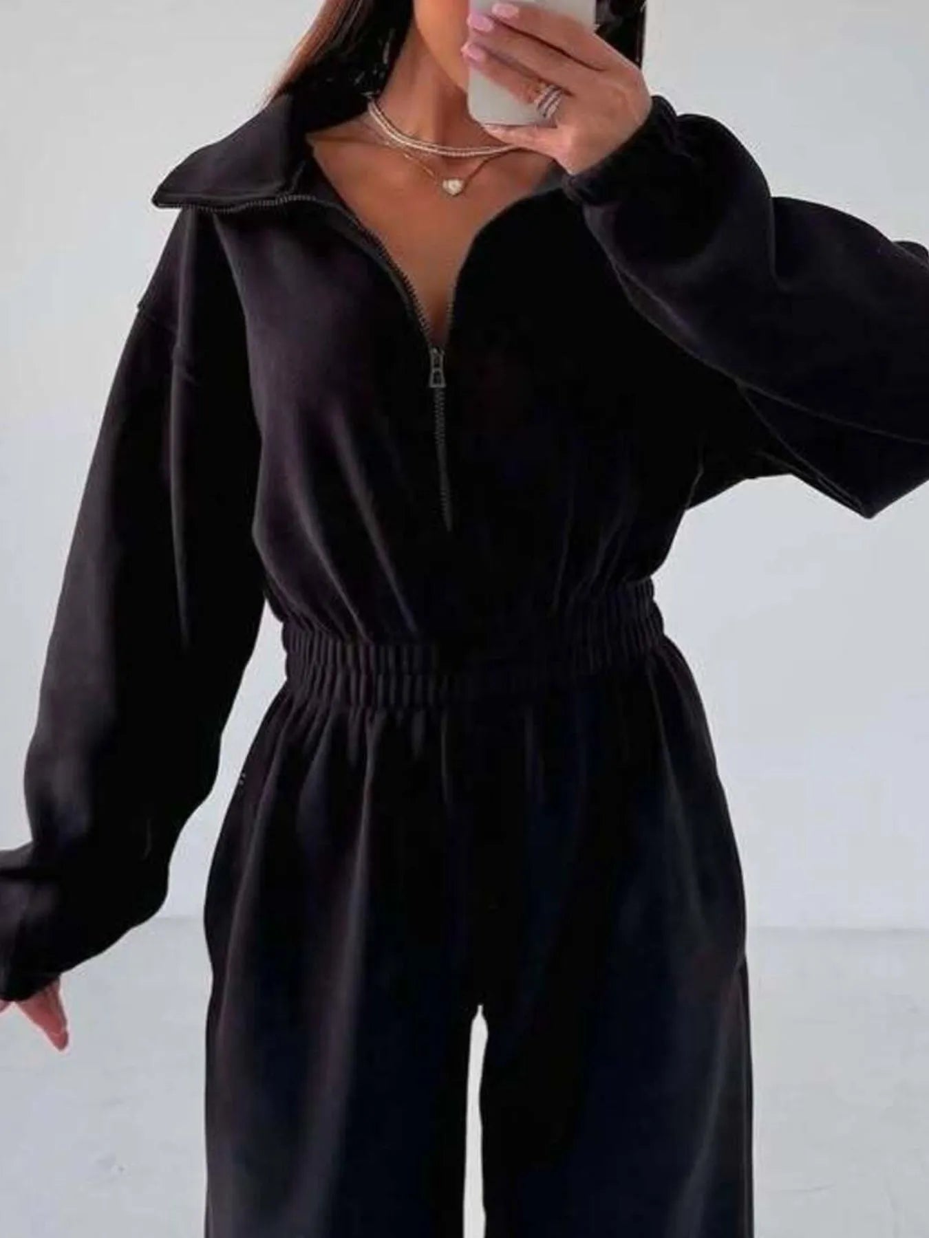 Zip Front Long Sleeve Jumpsuit - cas7m