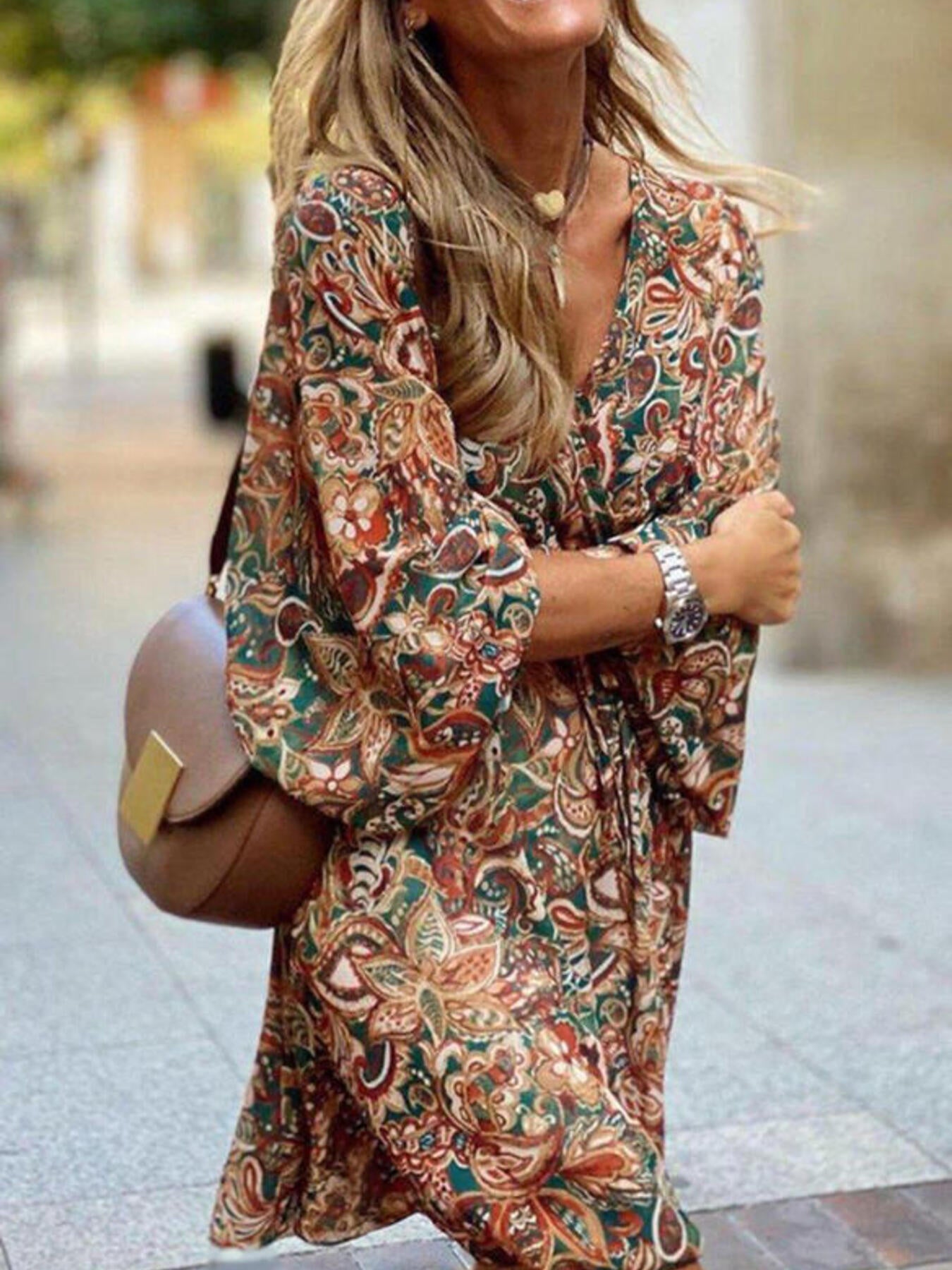 Paisley Print Balloon Sleeve Mini Dress - cas7m