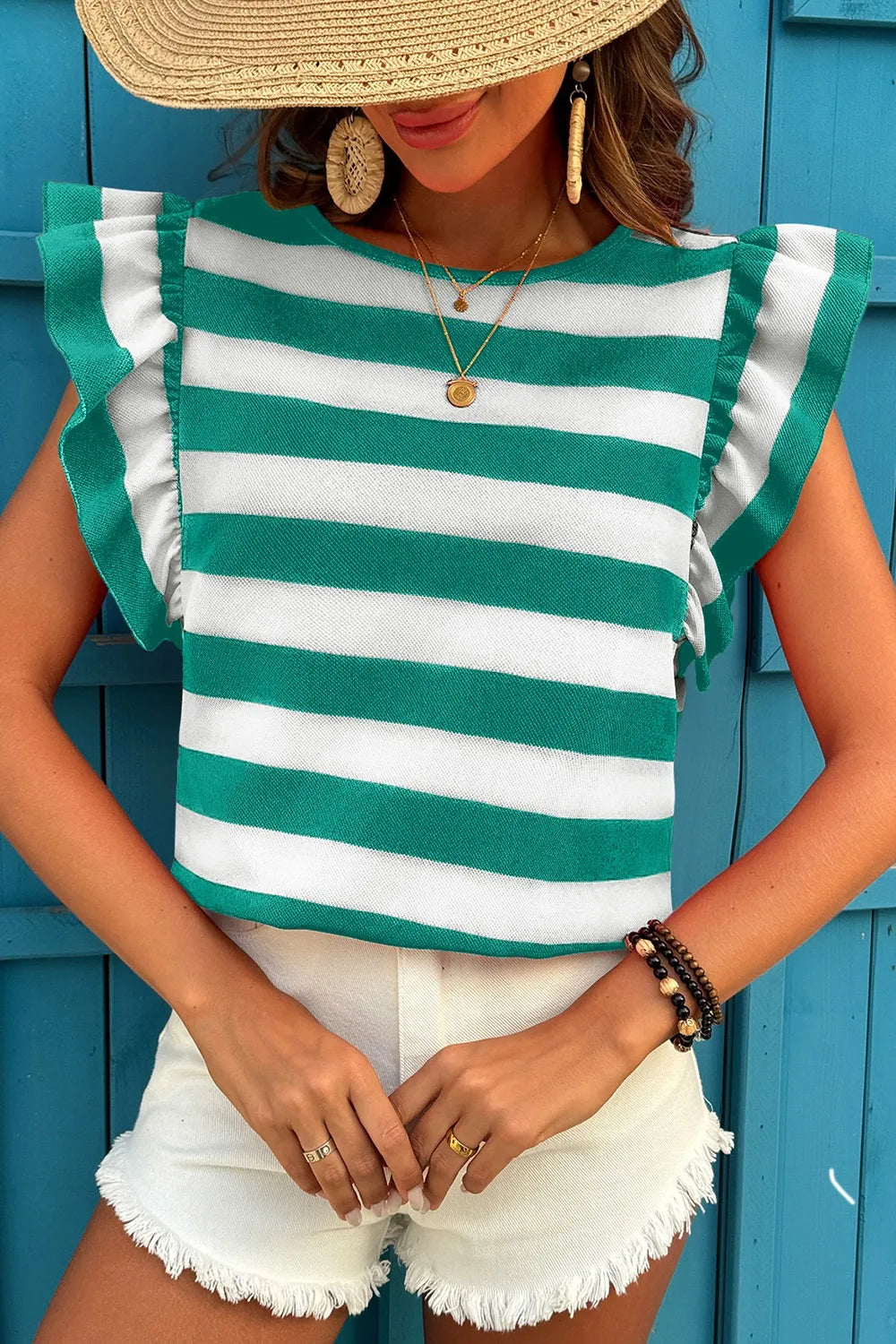Ruffle Sleeve Striped T-Shirt - cas7m