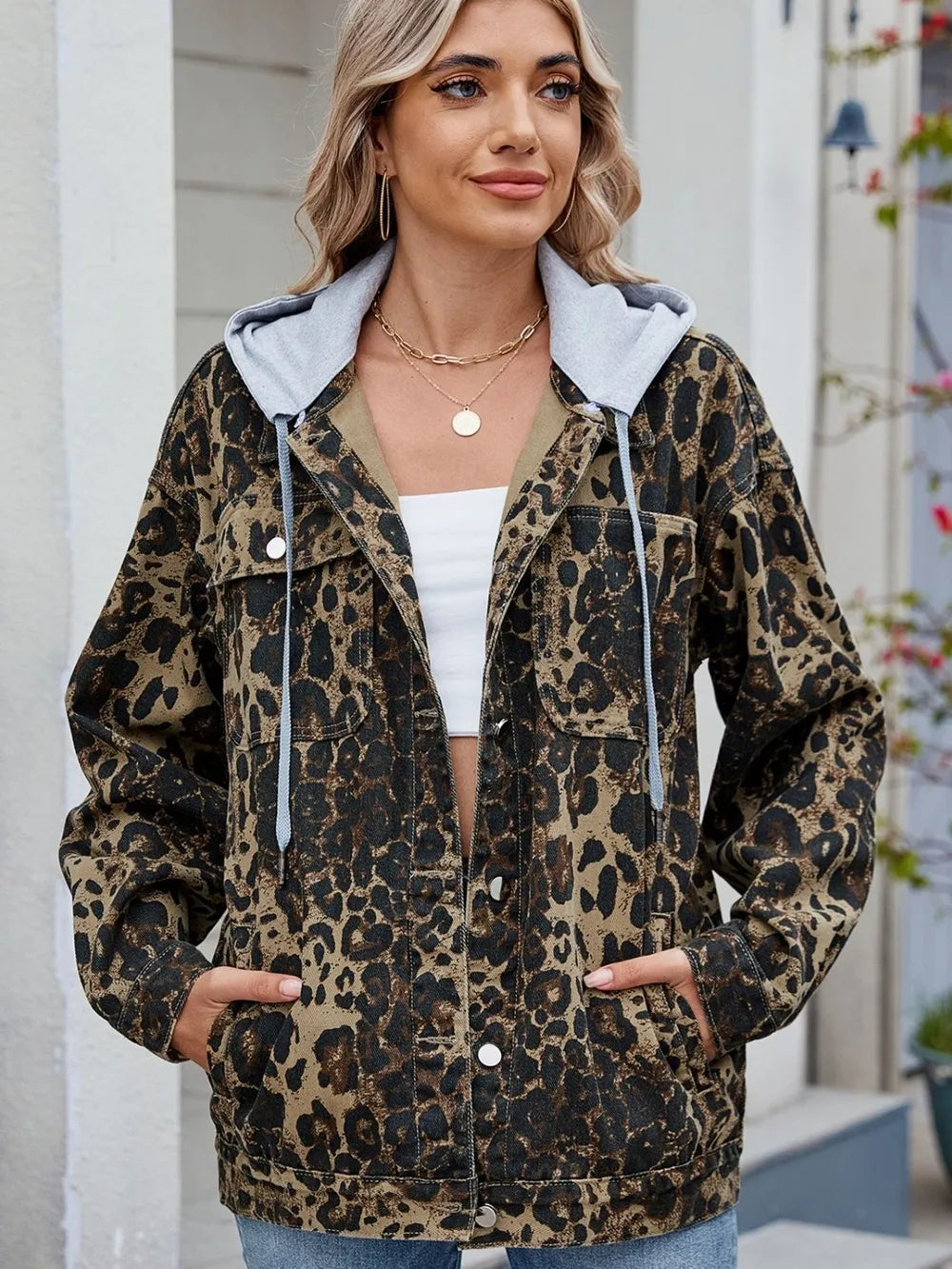 Pocketed Leopard Long Sleeve Denim Jacket - cas7m