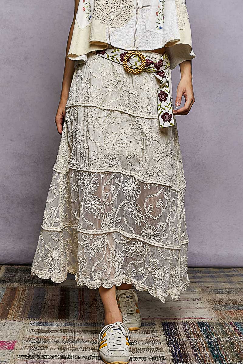 POL Floral Embroidered Tiered Crochet Skirt - cas7m