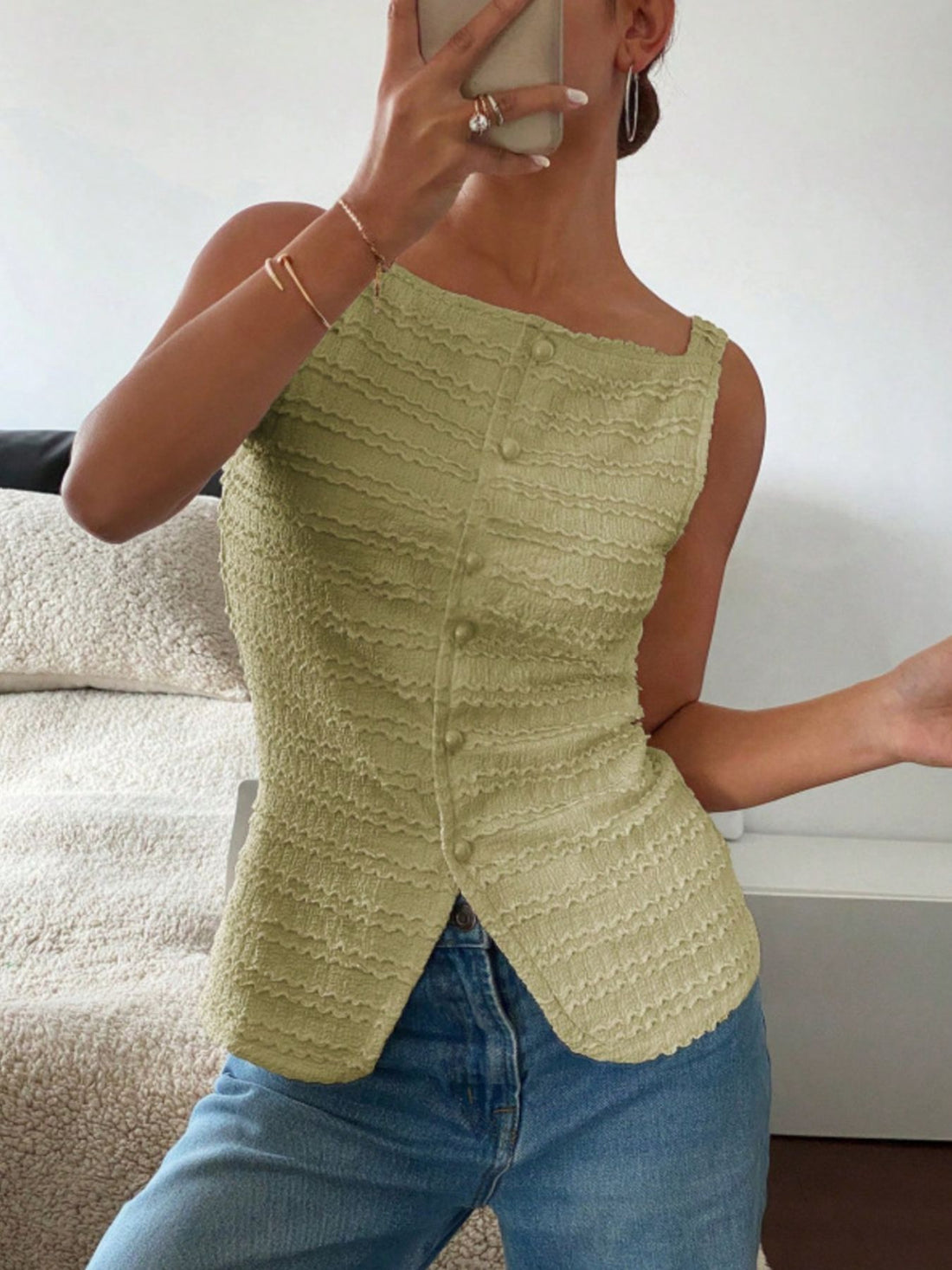 Textured Button-Front Tank - cas7m