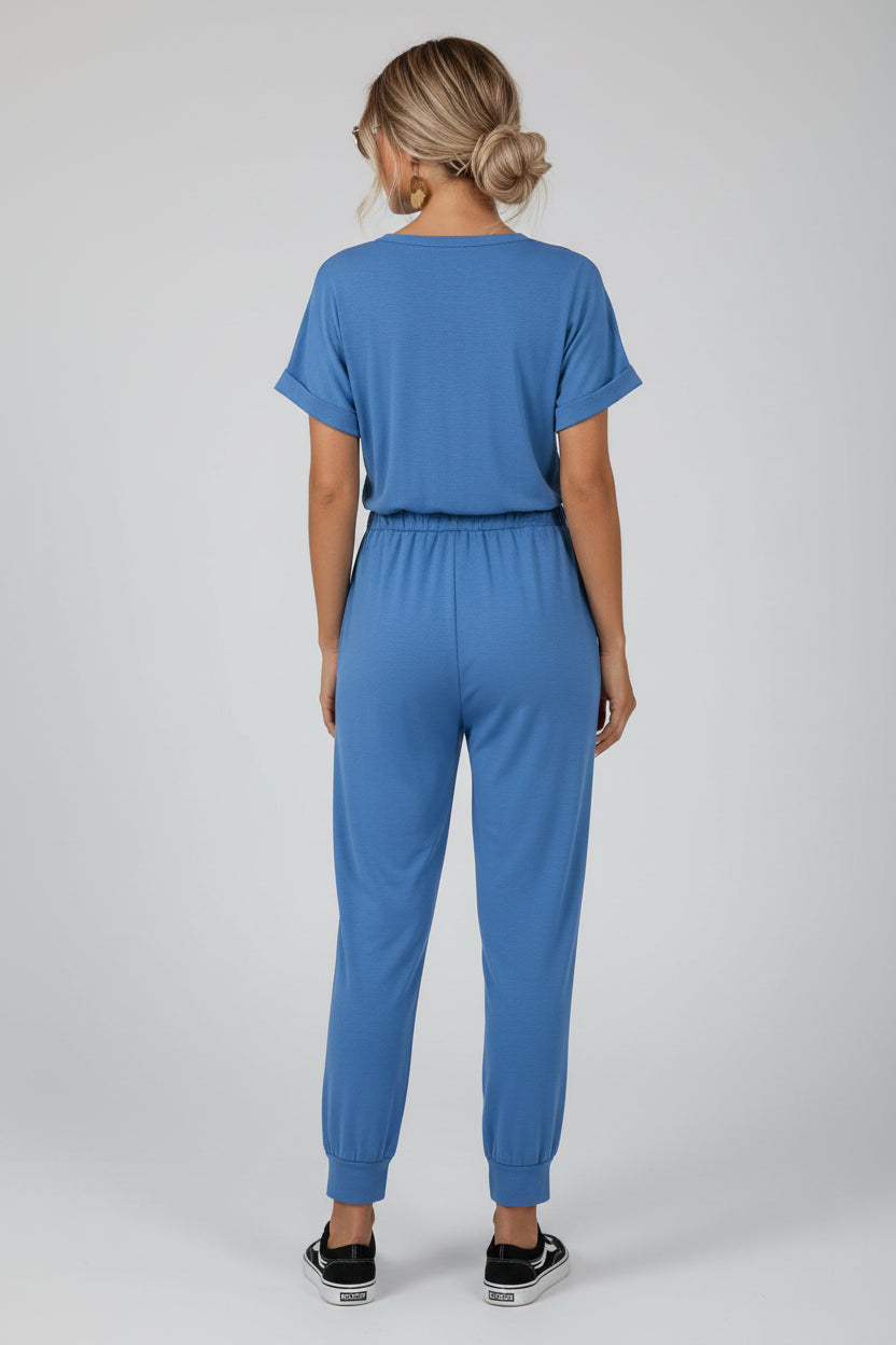 Drawstring Waist Short Sleeve Jumpsuit - cas7m