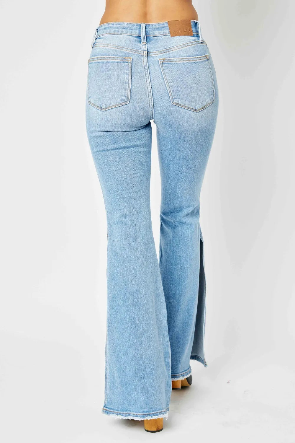Judy Blue Full Size Mid Rise Raw Hem Slit Flare Jeans - cas7m