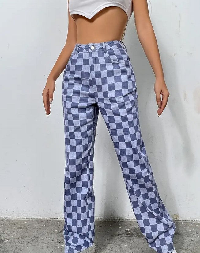 Colorblock Plaid High Waist Wide Leg Denim Jeans - cas7m