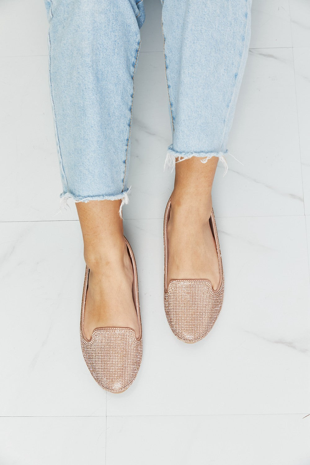 Forever Link Rhinestone Round Toe Flats in Rose Gold - cas7m