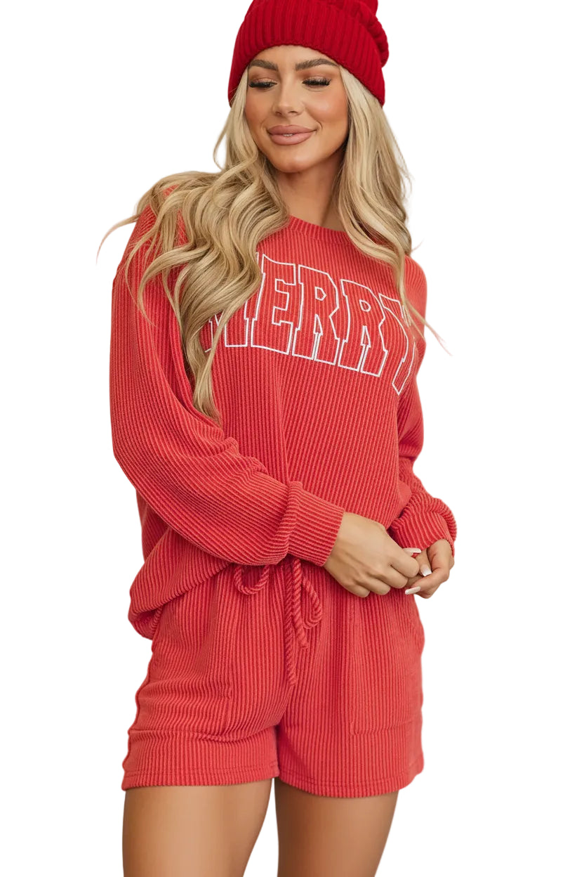 MERRY Round Neck Long Sleeve Top and Shorts Lounge Set - cas7m