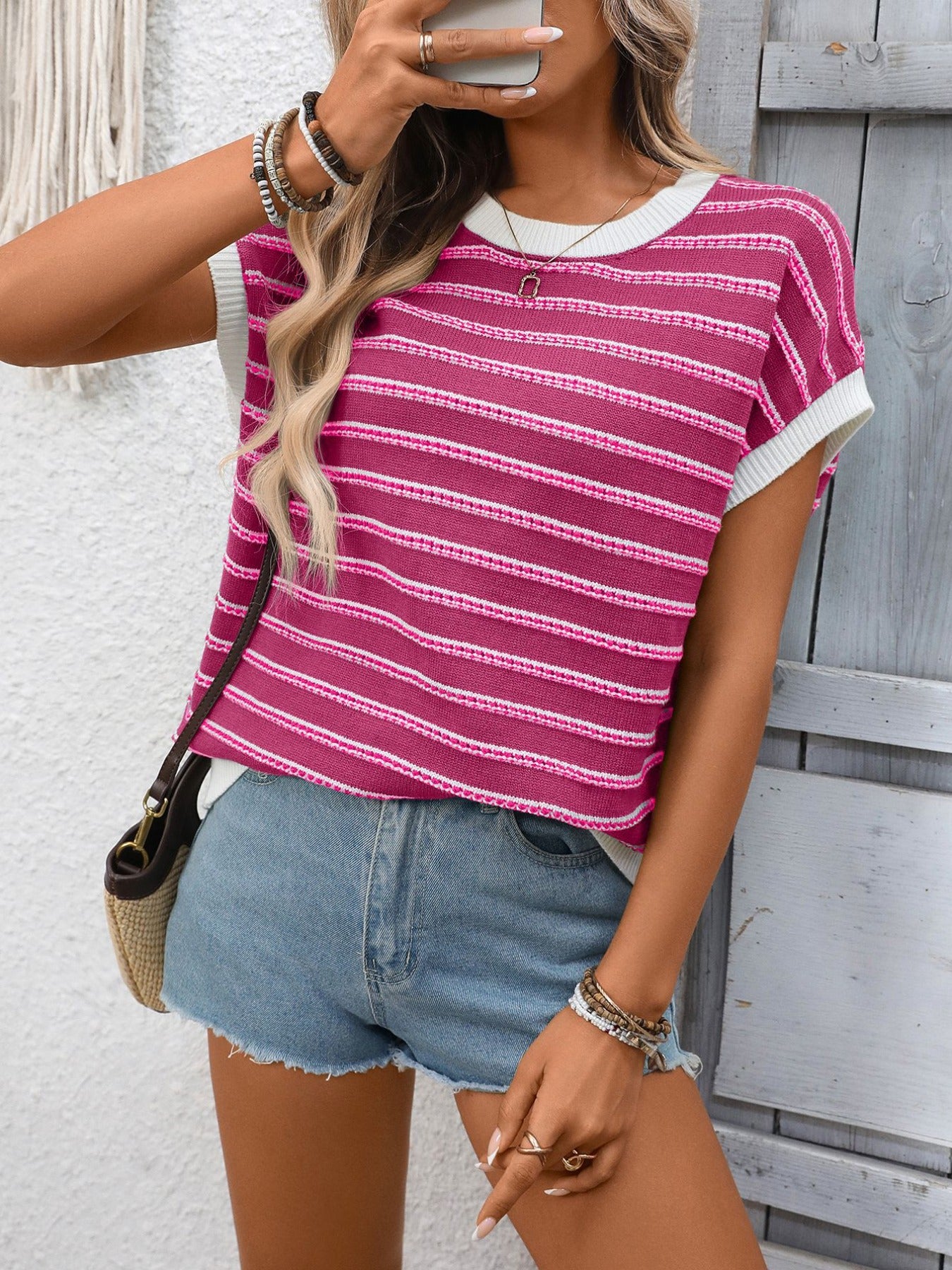 Striped Round Neck Short Sleeve Sweater - cas7m
