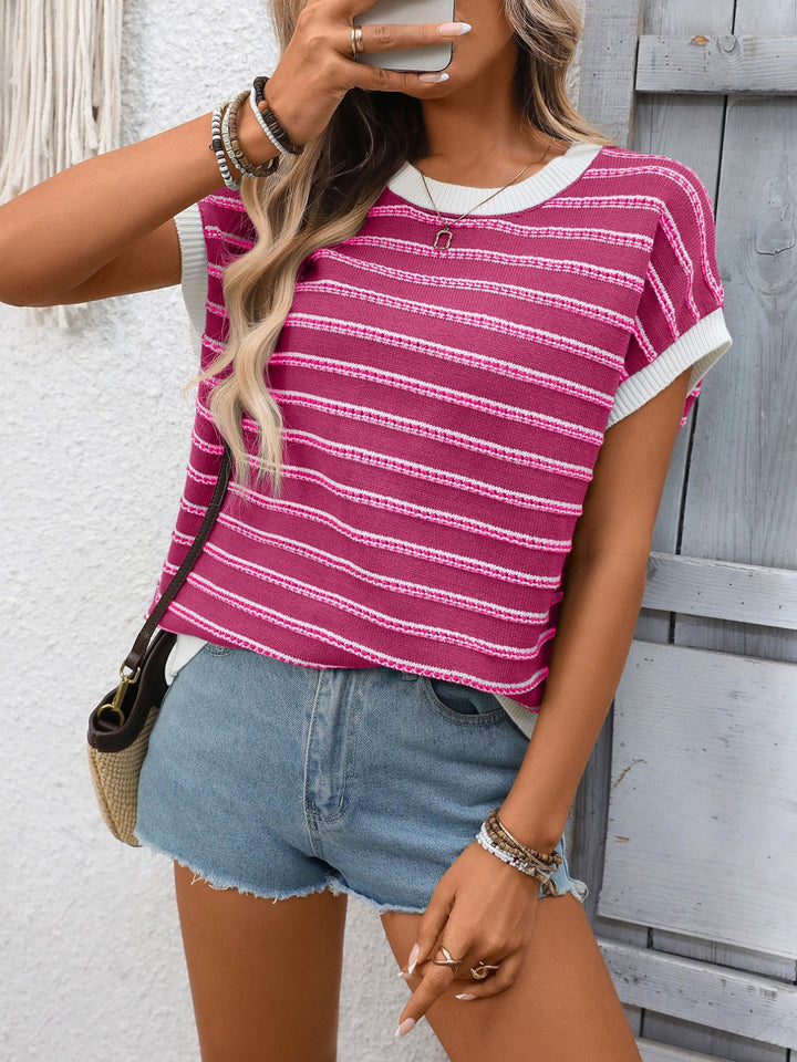 Striped Round Neck Short Sleeve Sweater - cas7m