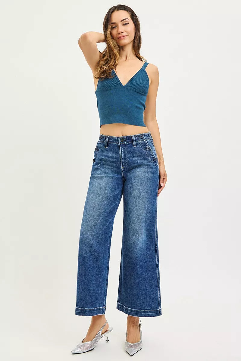 RISEN High Rise Wide Leg Jeans With Pocket Button Detail - cas7m