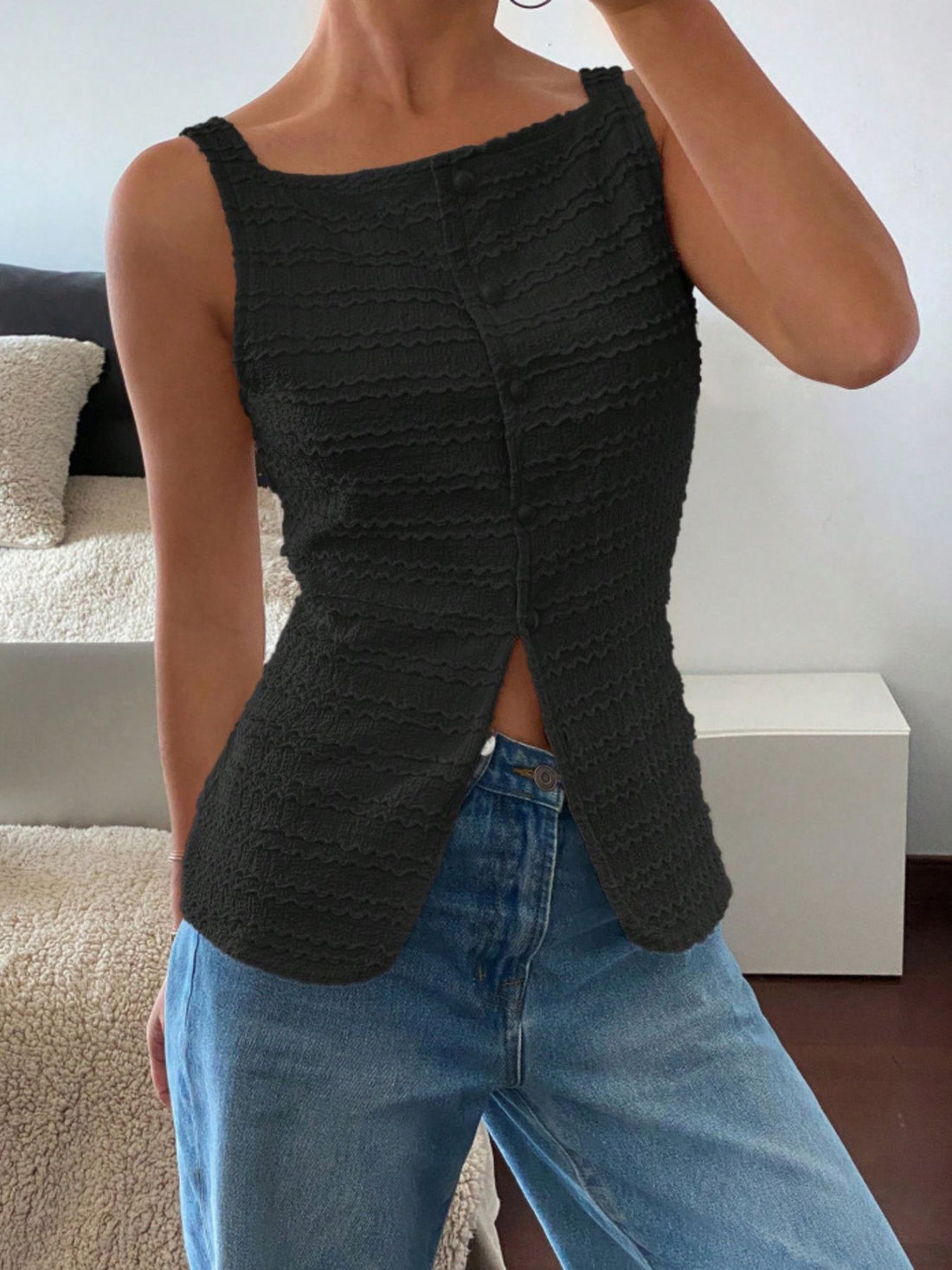 Textured Button-Front Tank - cas7m