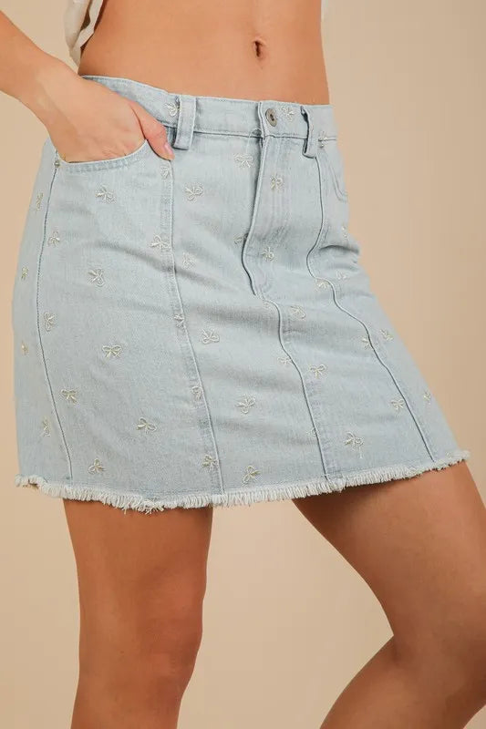 VERY J Bow Printed Casual Denim Mini Skirt - cas7m