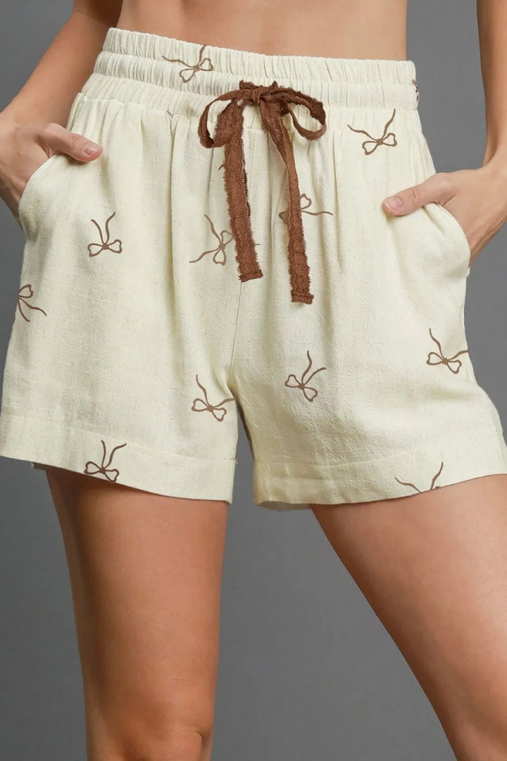 Bow Print Lace Drawstring Casual Shorts - cas7m