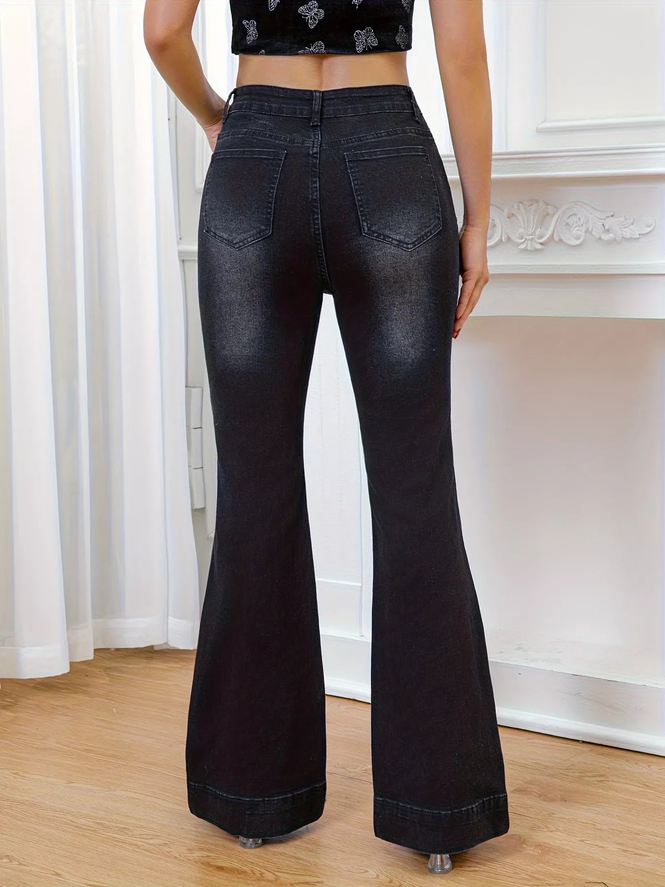 Rhinestone Embellished Flare Leg Jeans - cas7m