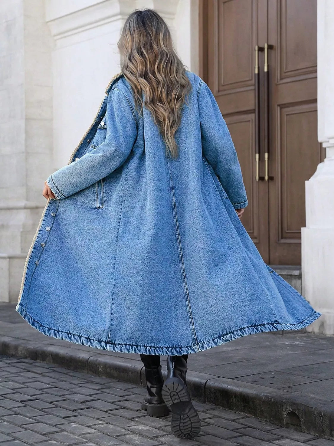 Sherpa Lined Longline Denim Jacket - cas7m