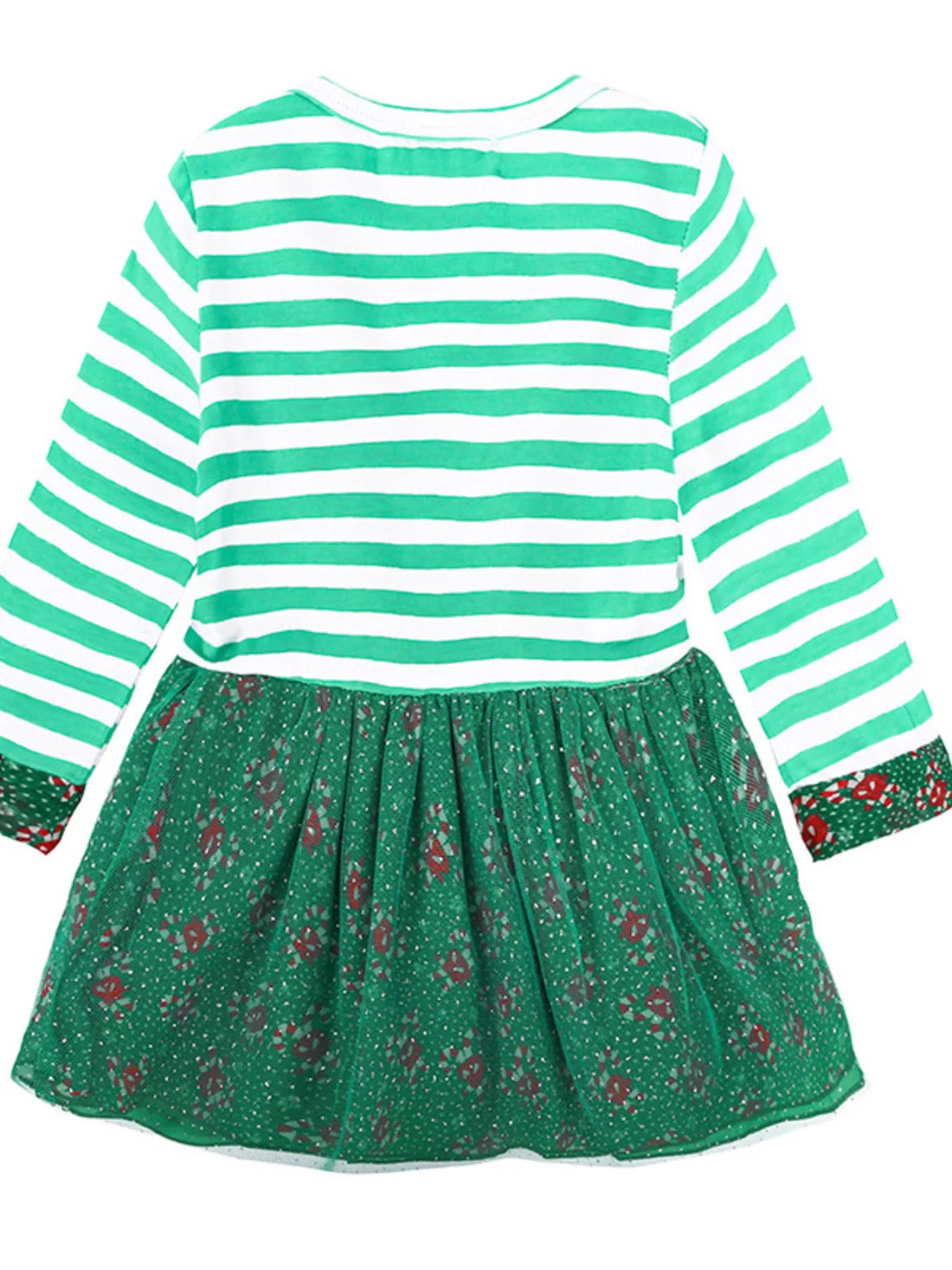 Children's Christmas Reindeer Applique Striped Long Sleeve Dress - cas7m
