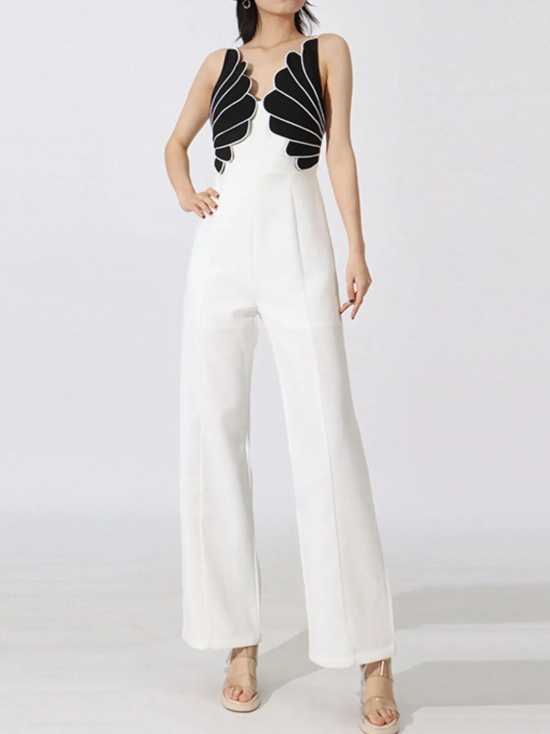 Contrast Sleeveless Wide-Leg Jumpsuit - cas7m