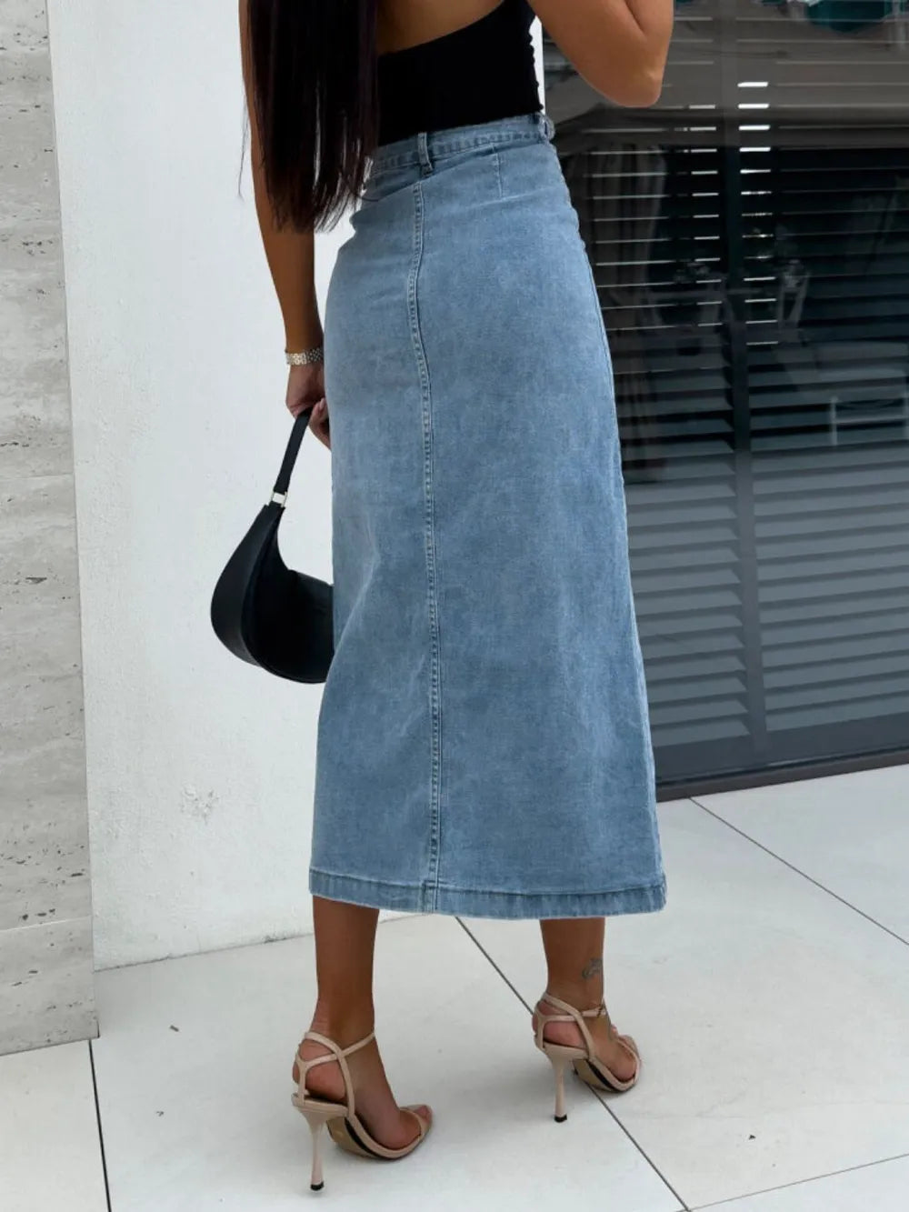Front Button Slit Midi Denim Skirt - cas7m