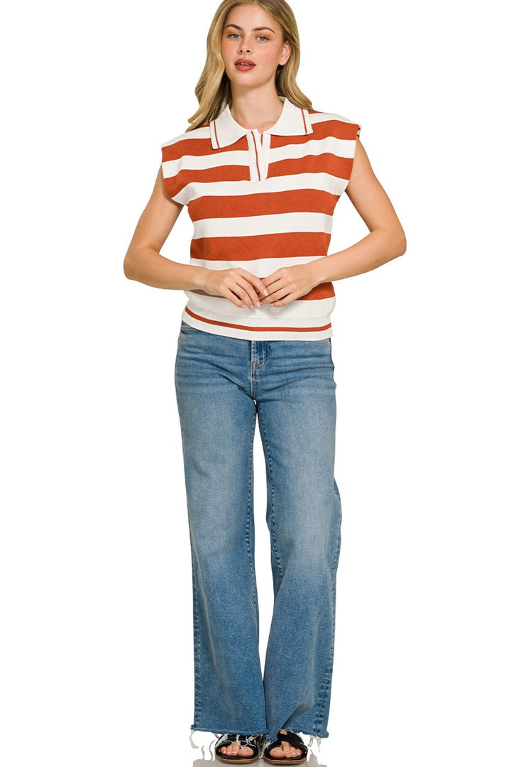 Zenana Viscose Striped Collared Sweater Vest - cas7m