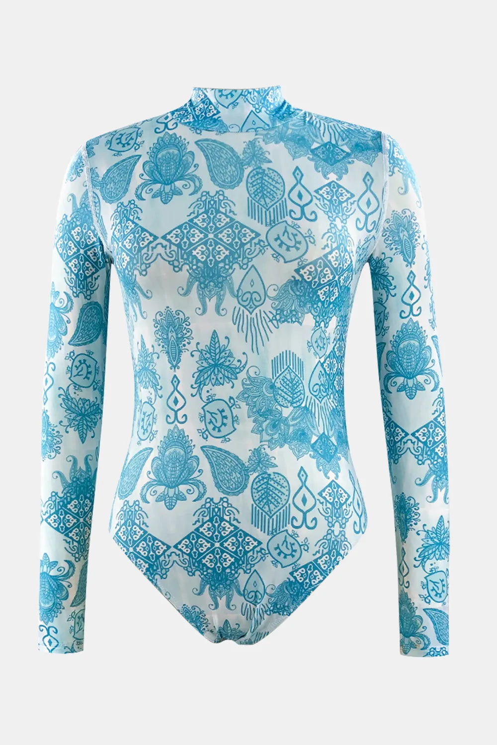 Printed Mock Neck Long Sleeve One-Piece Swimwear - cas7m
