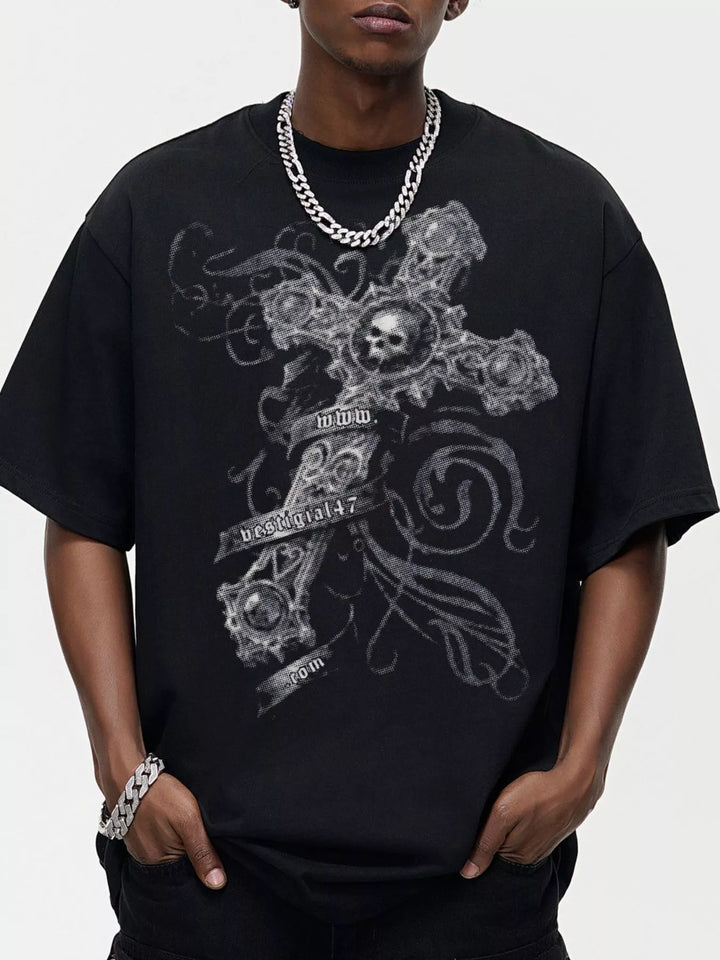 Men's Skull Cross Graphic Oversized T-Shirt - cas7m