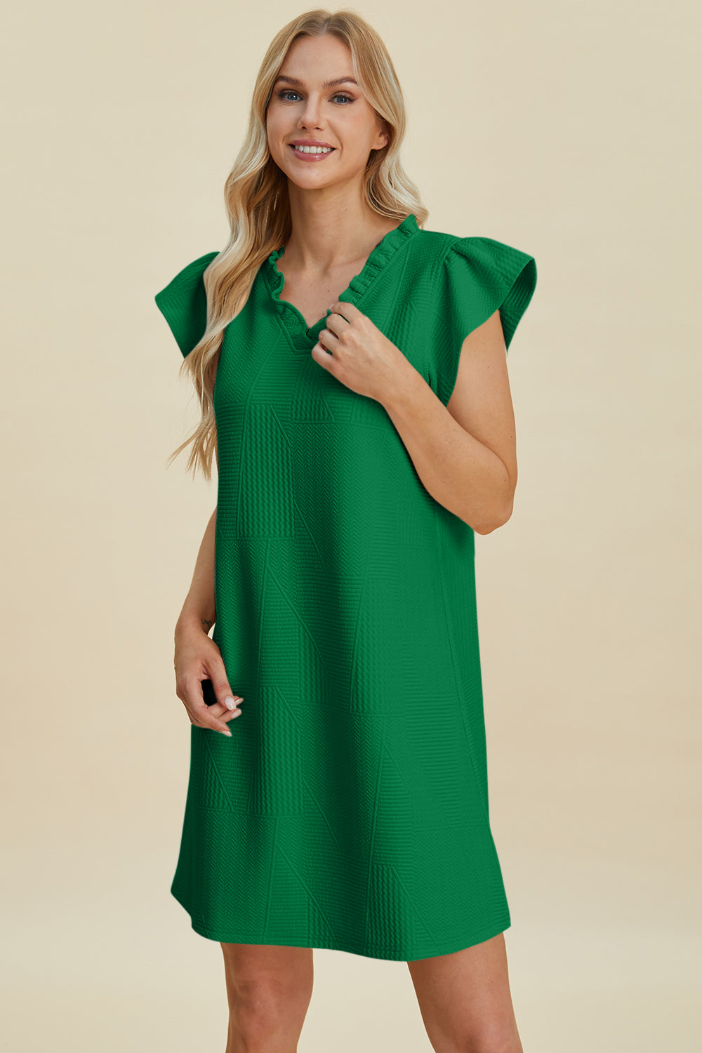 Double Take Full Size Ruffled V-Neck Cap Sleeve Dress - cas7m
