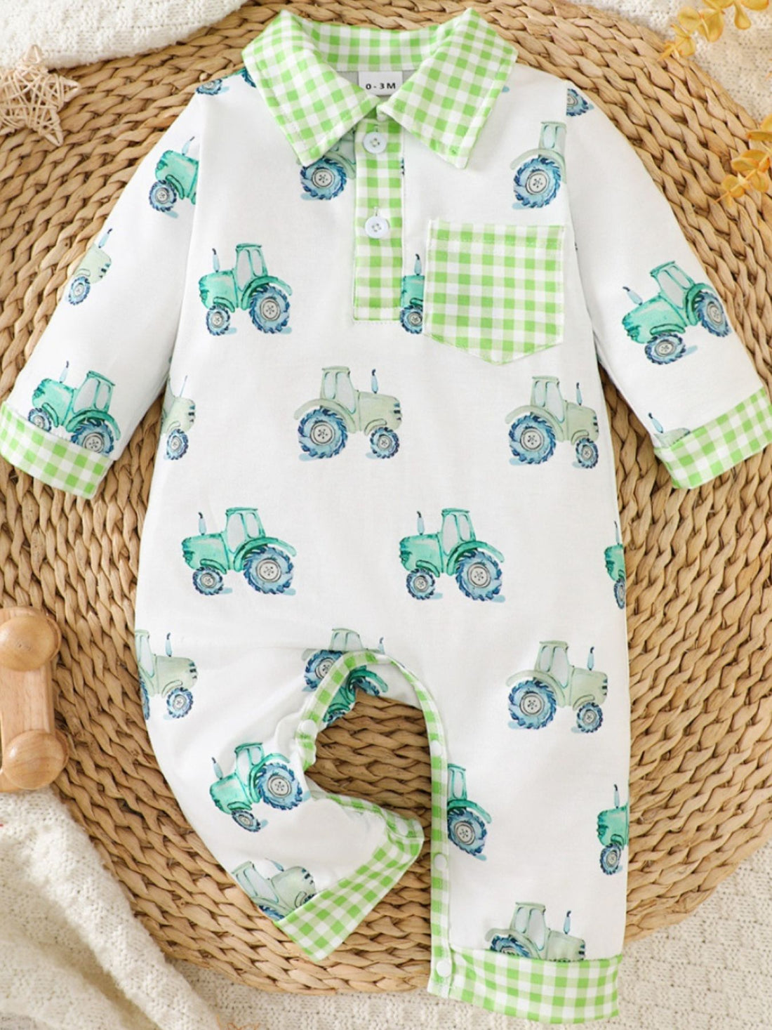 Children's Tractor Print Gingham Trim Baby One-Piece - cas7m