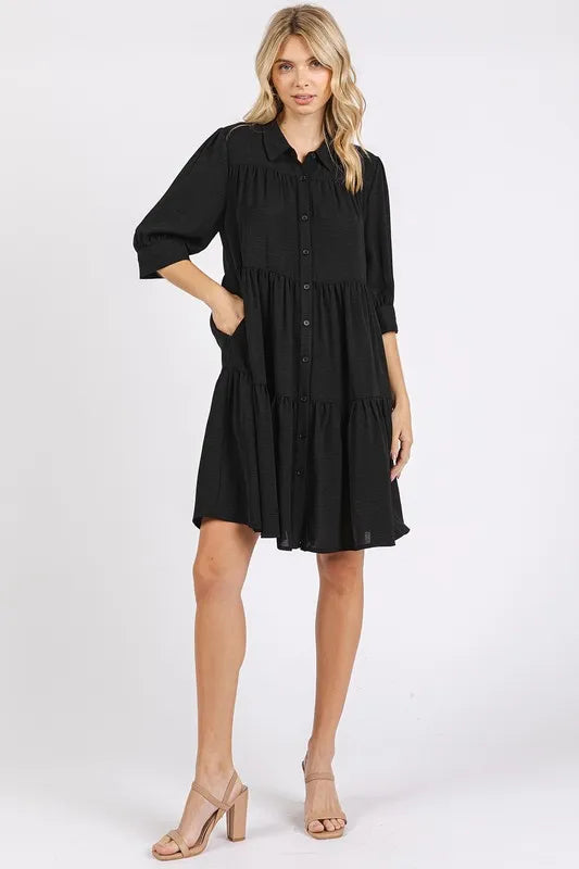 Mittoshop Button Detail Collared Neck Tiered Shirt Dress - cas7m