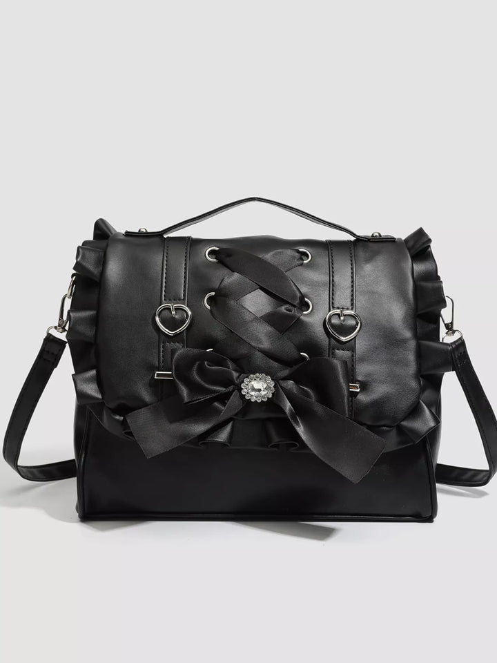 Ruffled Lace Up Bow Backpack Bag - cas7m