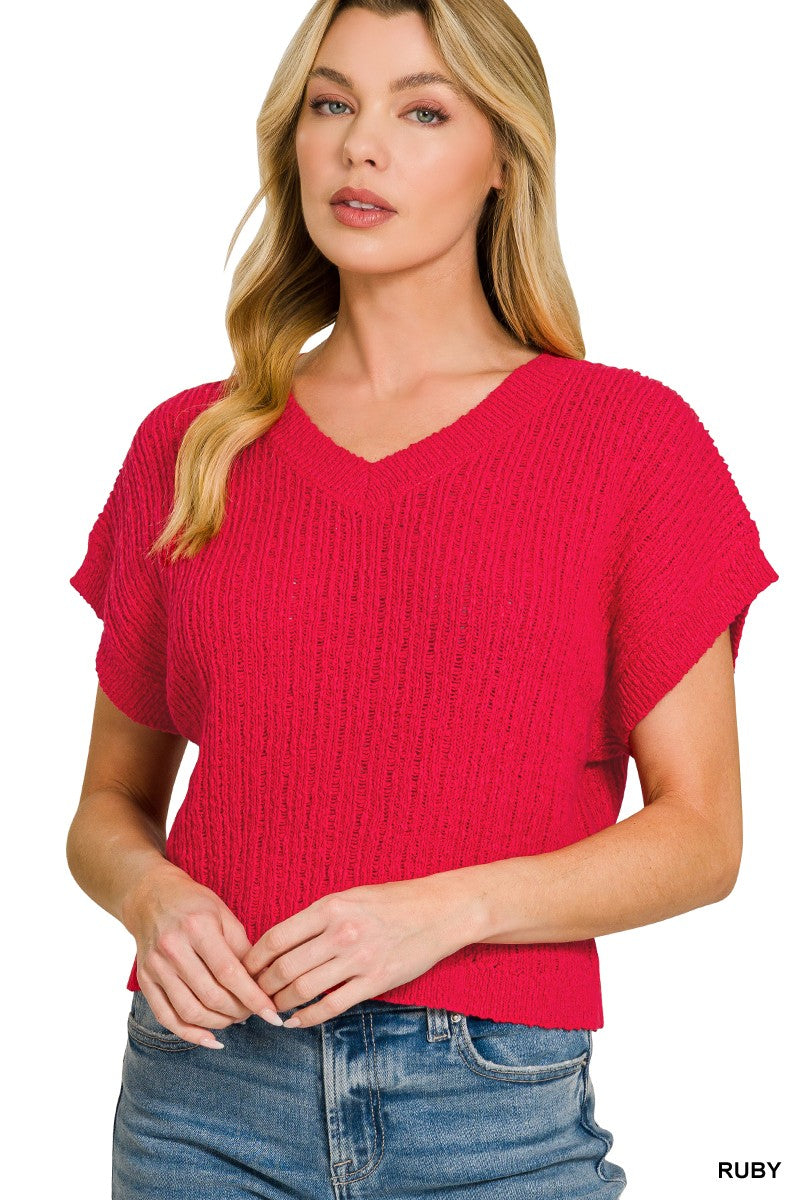 Zenana Textured Knit V-Neck Cropped Sweater - cas7m