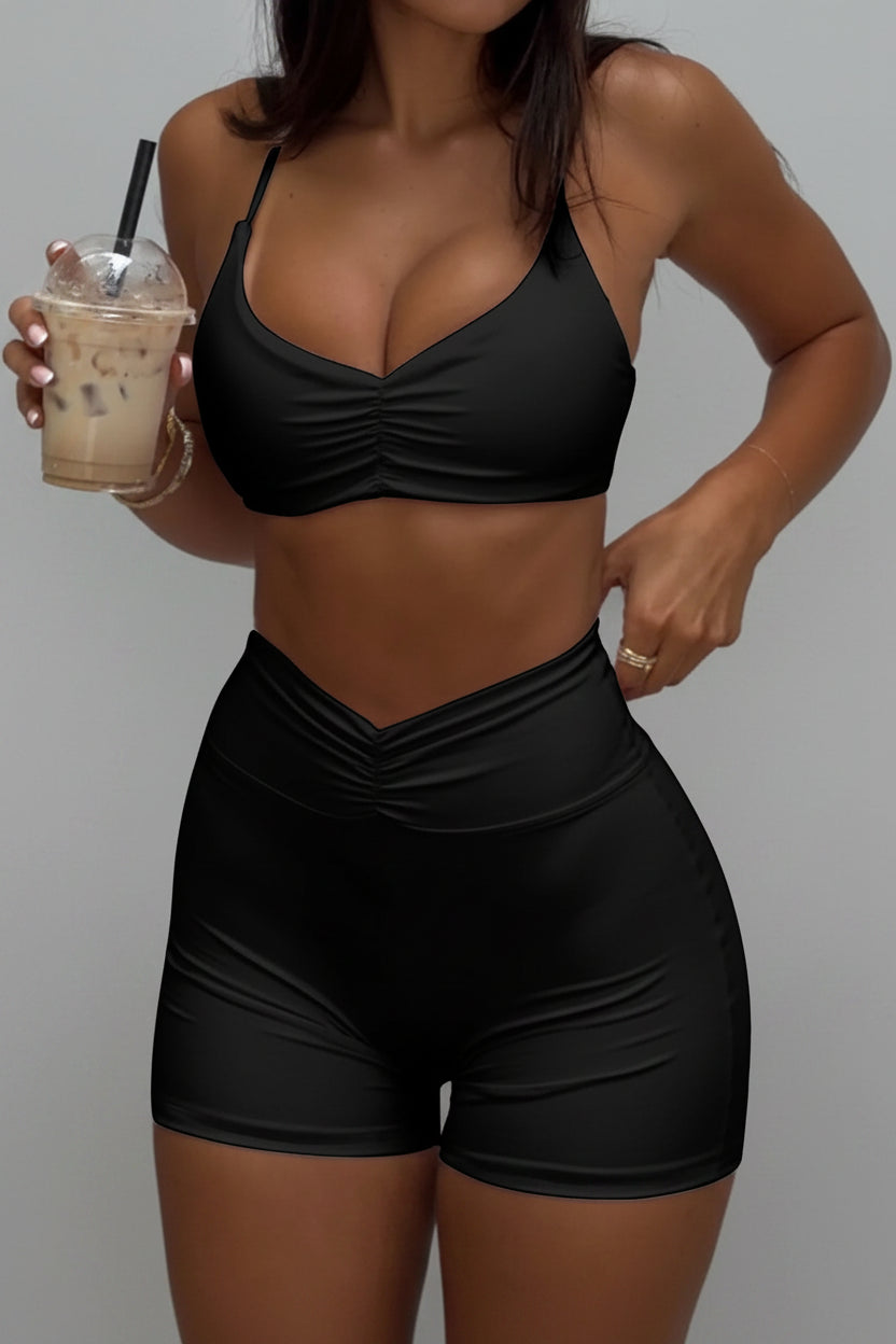 Ruched Sports Bra and High-Waisted Shorts Active Set - cas7m