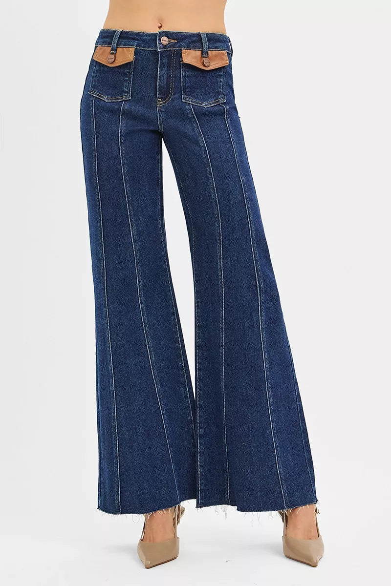 RISEN High Rise Wide Flare Jeans with Front Leather Pocket Detail - cas7m