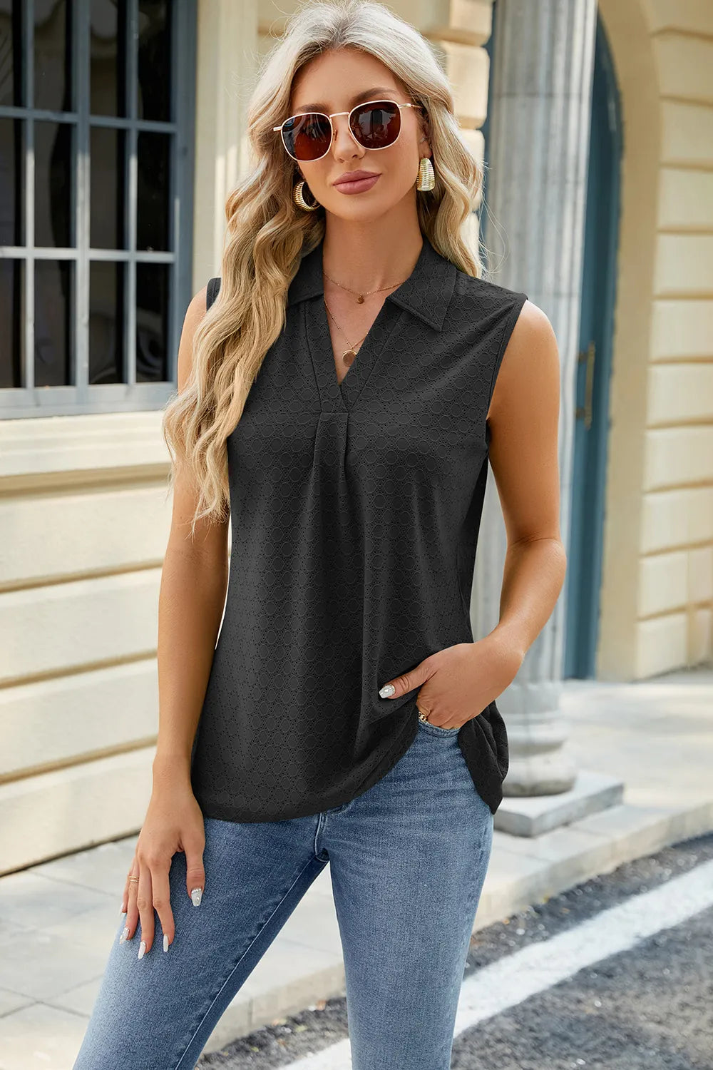 Eyelet Johnny Collar Tank - cas7m