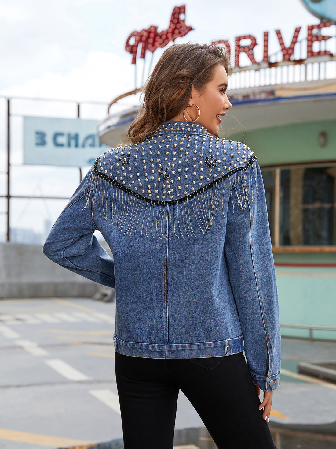 Studded Fringe Button Down Denim Jacket - cas7m