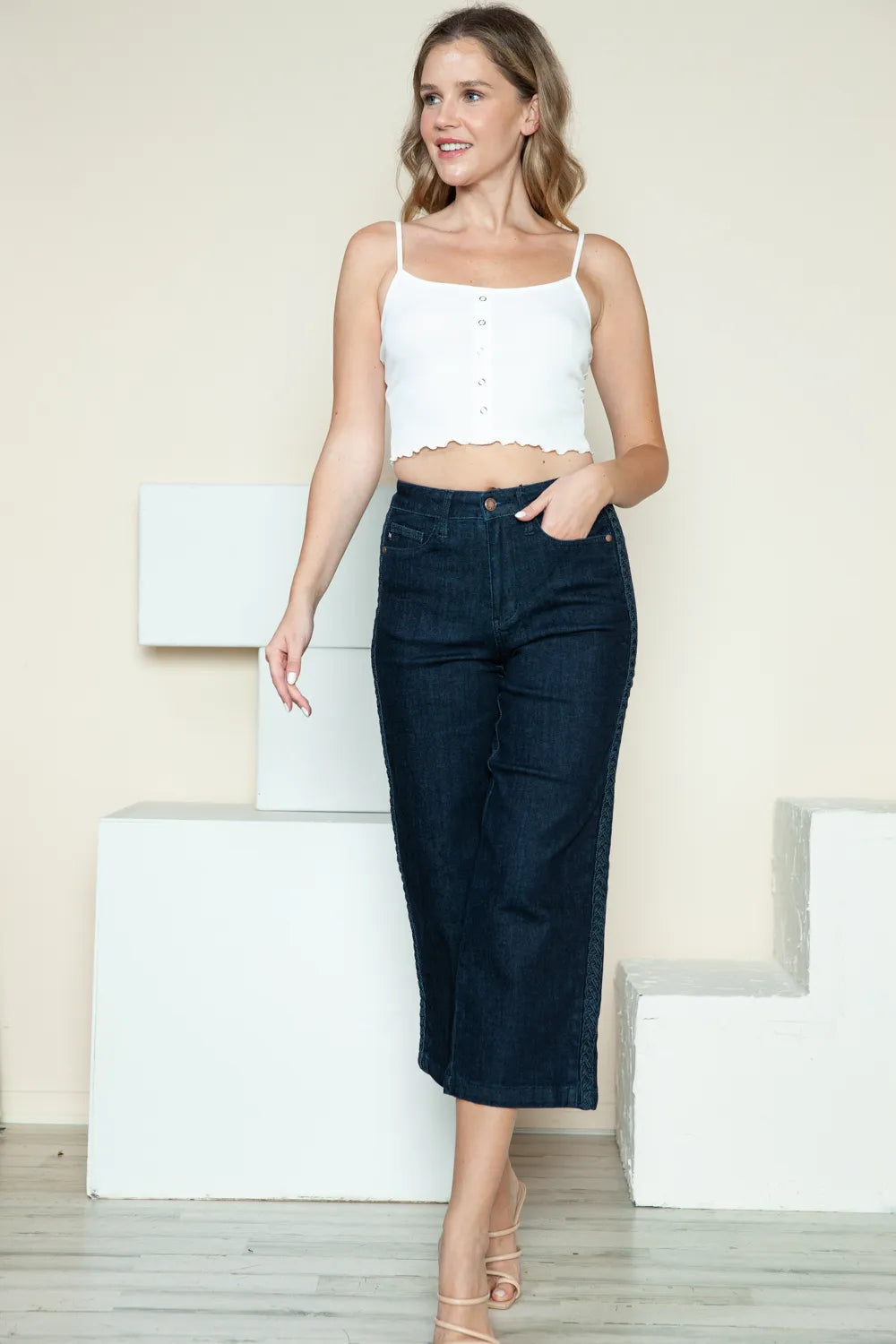 Judy Blue Full Size Side Seam Braid Detail Crop Wide Leg Jeans - cas7m