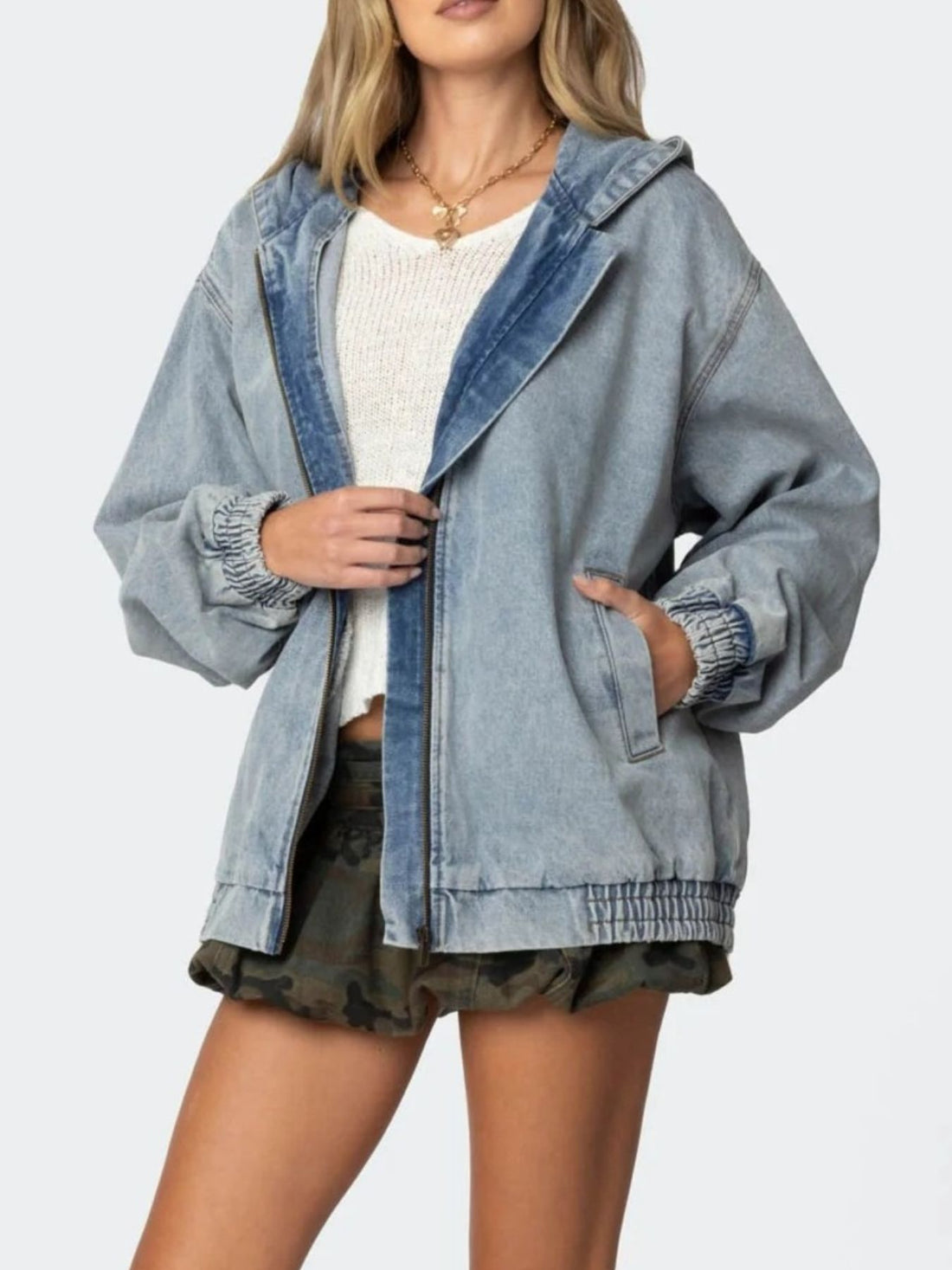 Hooded Oversized Zip Up Denim Jacket - cas7m