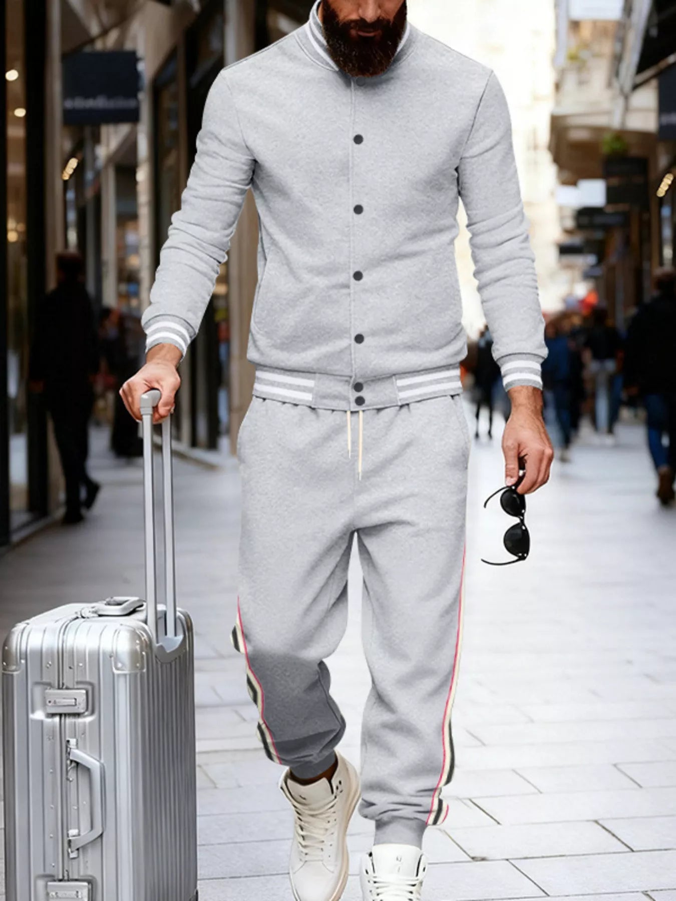 Men's Full Size Striped Snap Down Top and Pants Set Plus Size - cas7m
