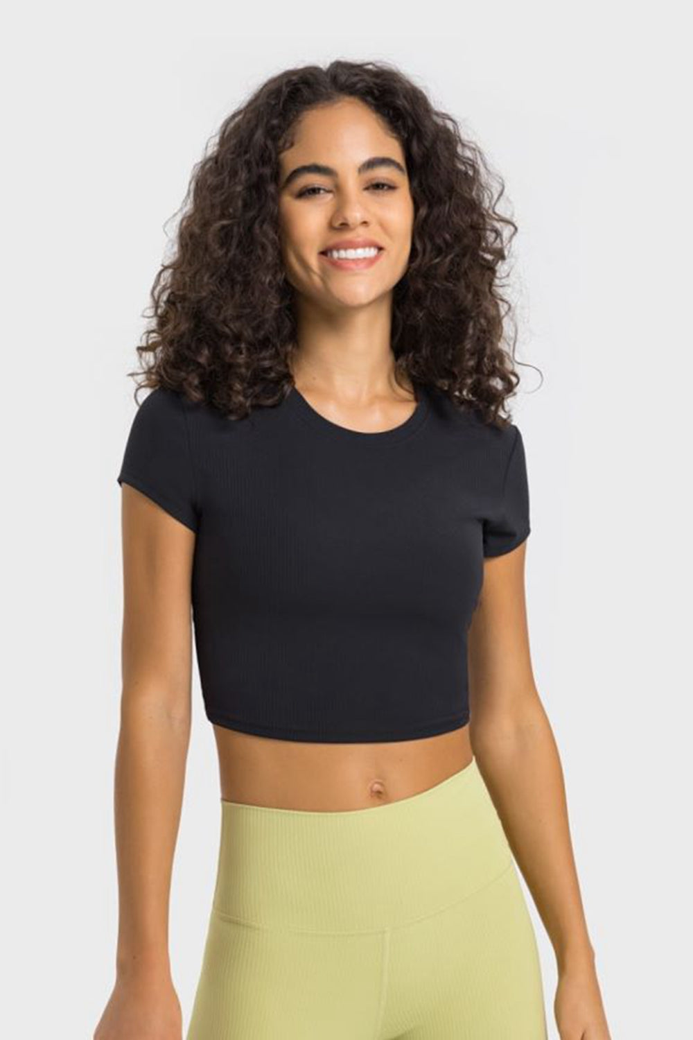 Soft Flex Cropped Yoga Top - Stretchy Solid Short Sleeve - cas7m