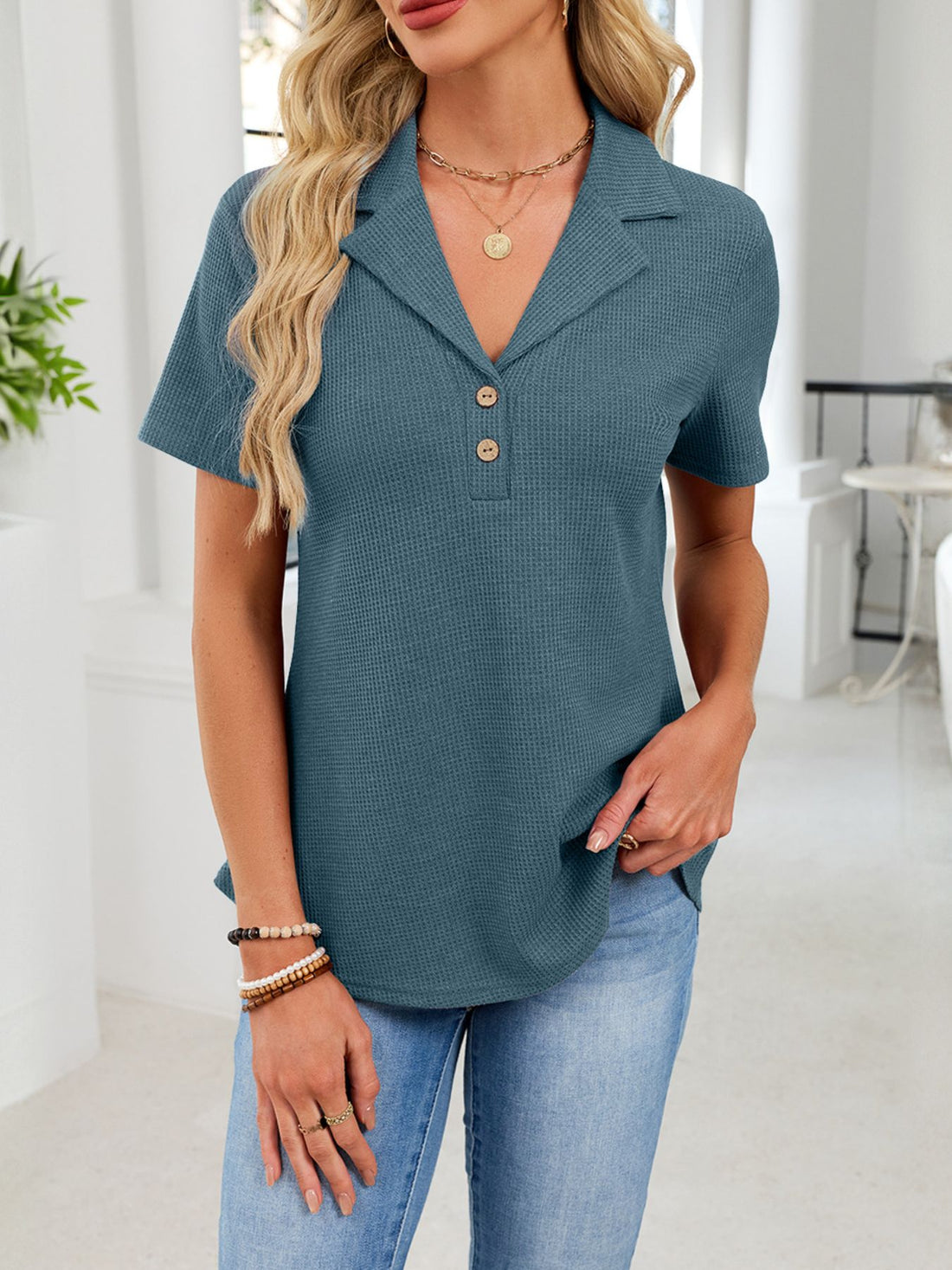 Waffle Knit Button Detail T-Shirt - cas7m