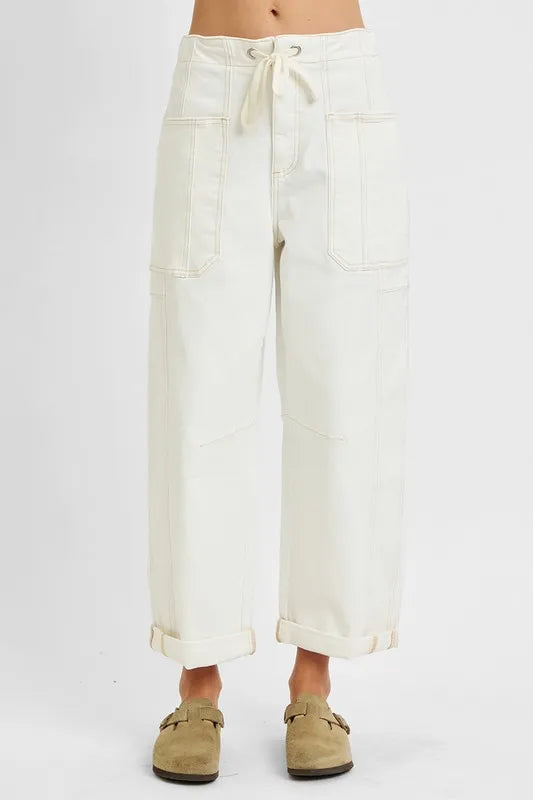 RISEN Full Size High Rise Crop Wide Barrel Cargo Pocket Jeans Plus Size - cas7m