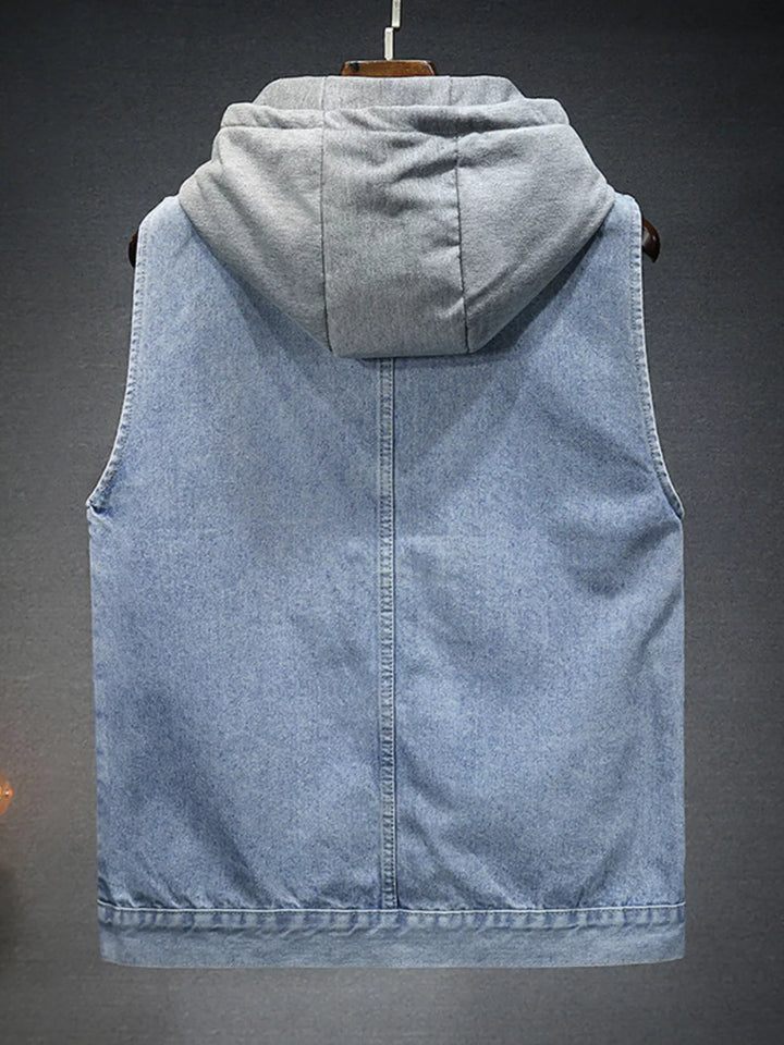 Men's Plus Size Hooded Denim Vest with Fleece Lining - cas7m