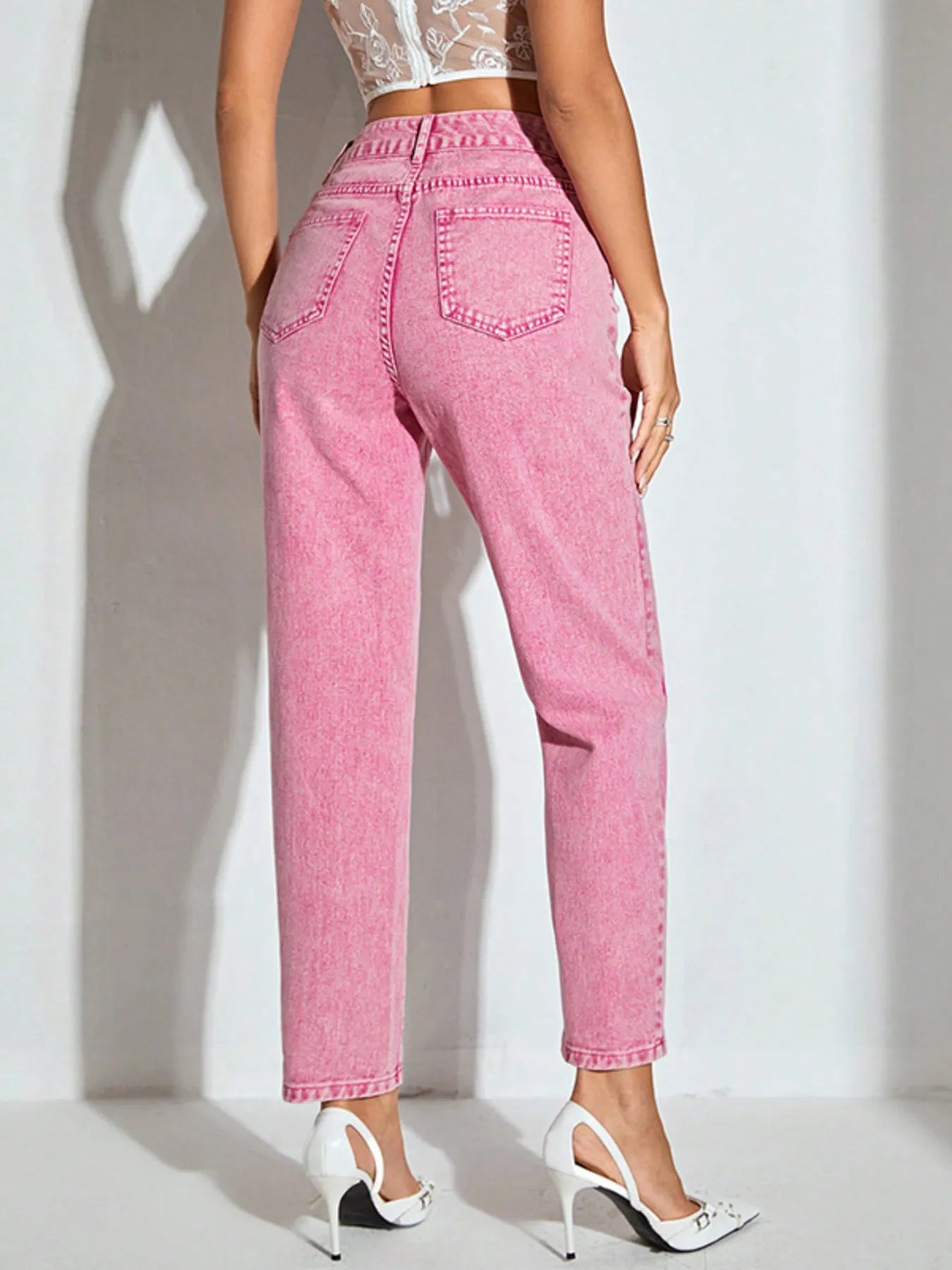 High-Waisted Wash Straight Leg Jeans - cas7m