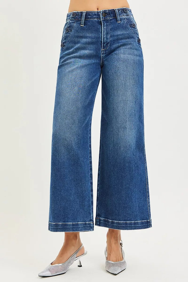 RISEN High Rise Wide Leg Jeans With Pocket Button Detail - cas7m