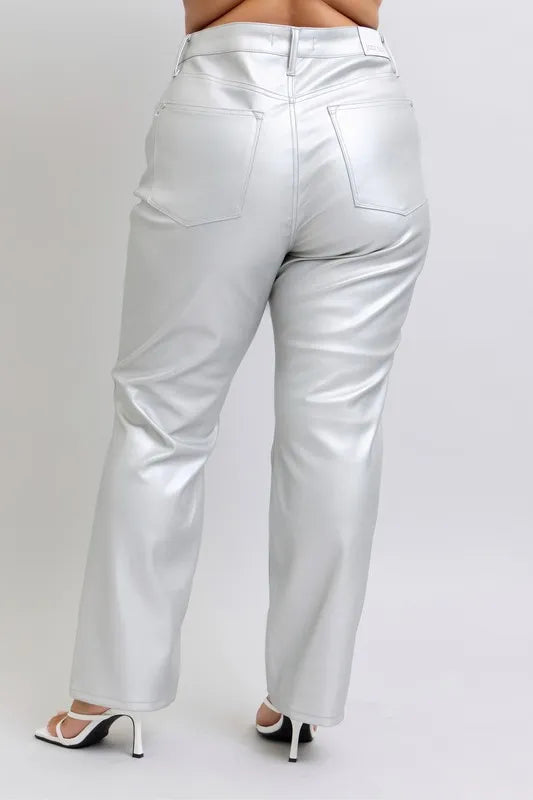 Judy Blue Full Size High Waist Silver Faux Leather Pants Plus Size - cas7m
