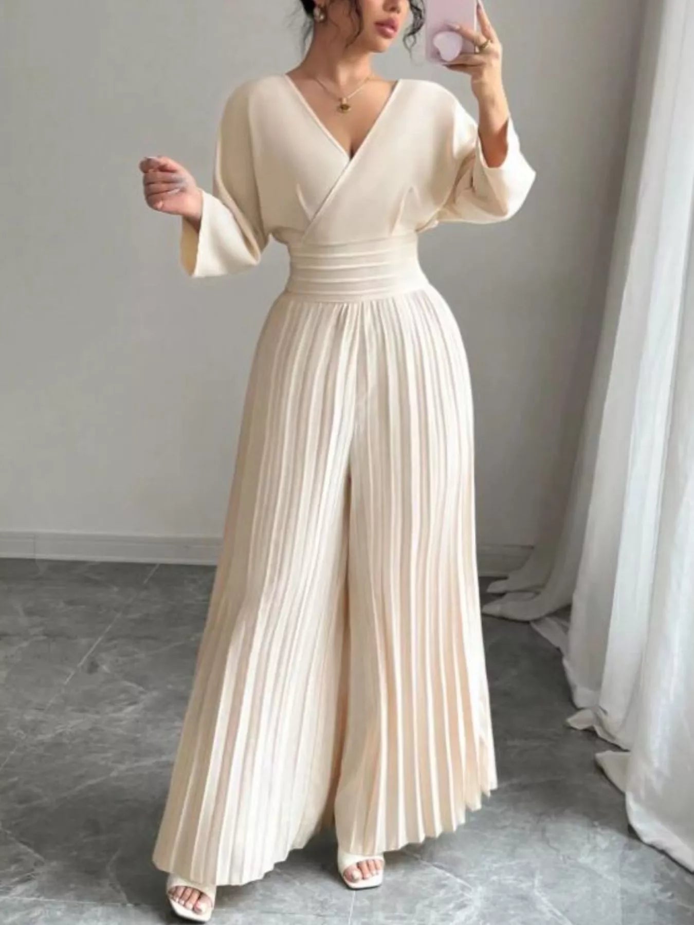 Surplice Pleated Wide Leg Jumpsuit - cas7m