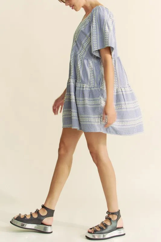 Davi & Dani Embroidered Stripe Ruffled Gingham Mini Dress - cas7m